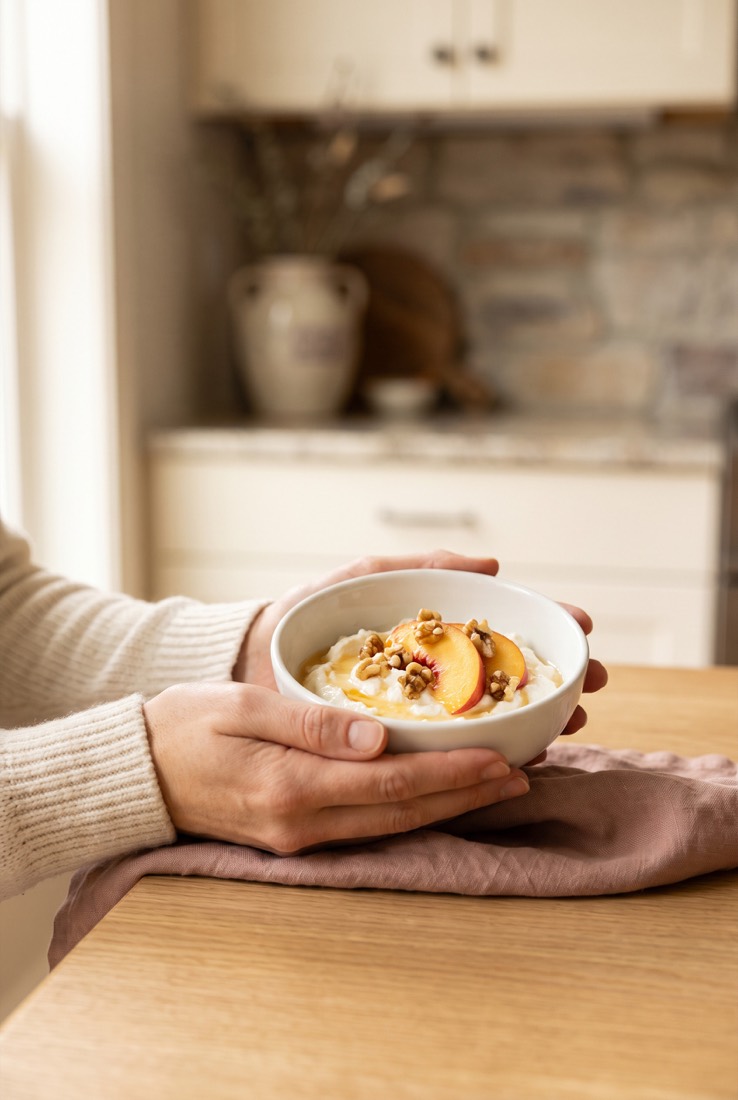 Hands holding a small peach ricotta bowl with honey and walnuts