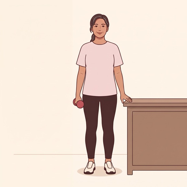 Illustration: a woman holding a light dumbbell at her side, one hand on a counter