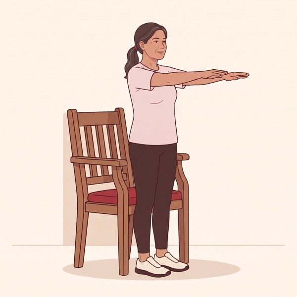 Illustration: a woman standing up from a chair that sits against a wall