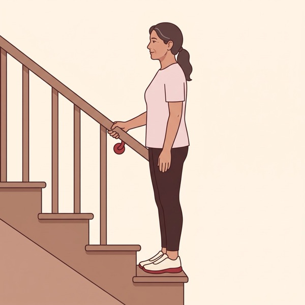 Illustration: a woman stepping onto the bottom stair, holding the rail